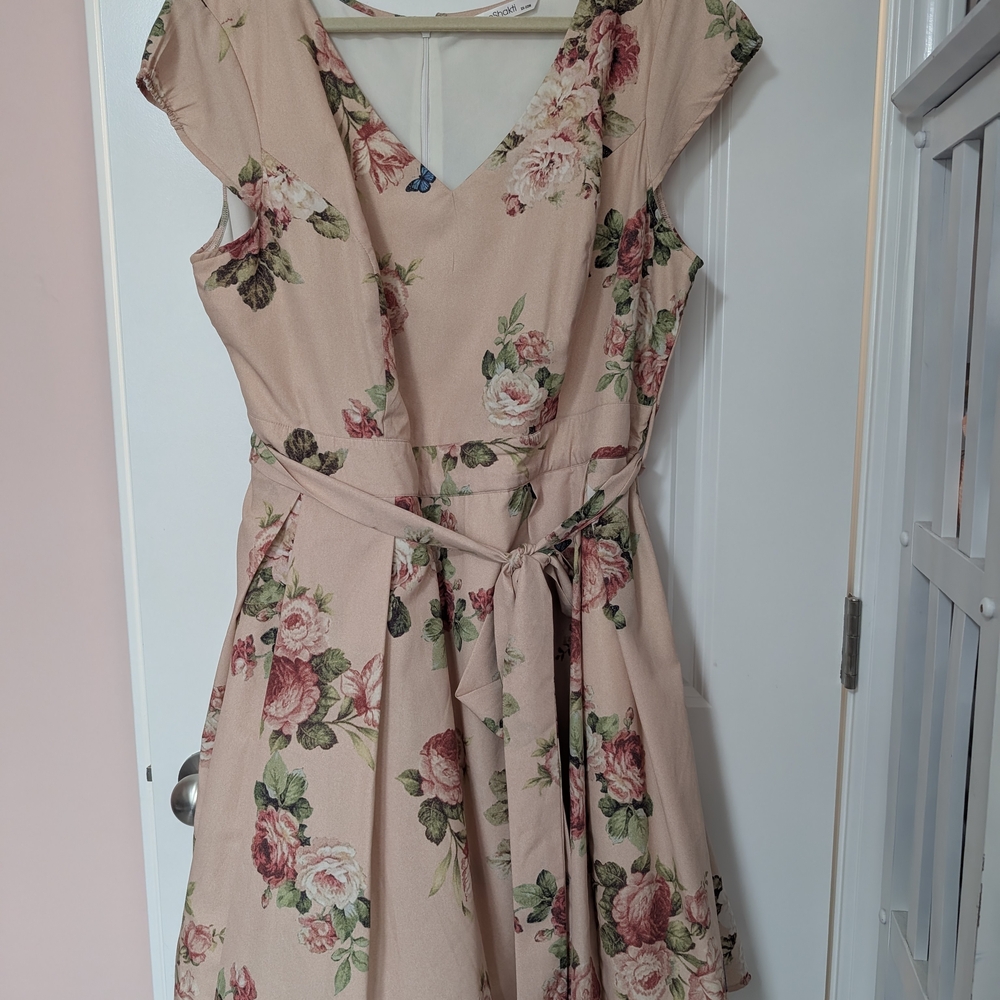 eshakti Pink Floral V-Neck Midi Dress with Tie Waist